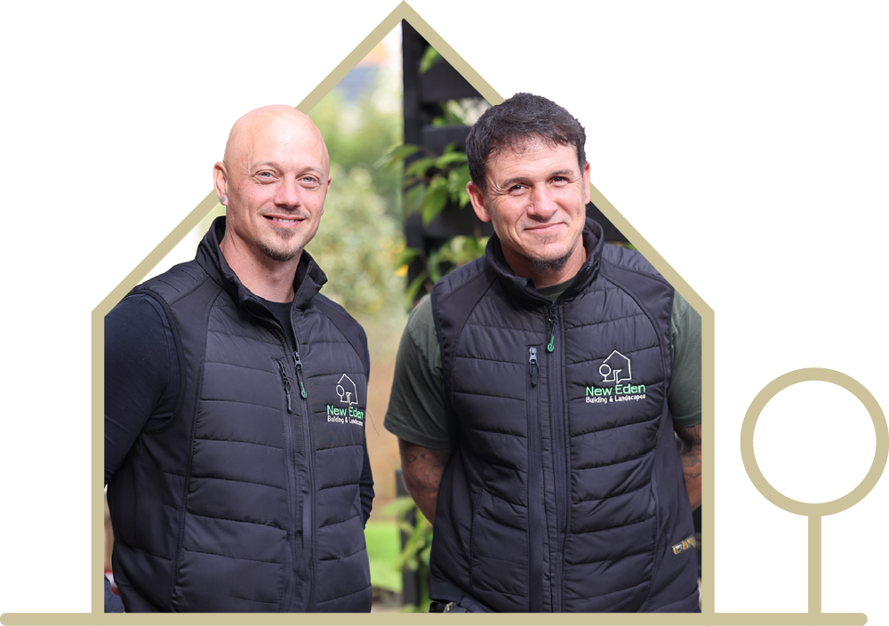 A team photo of David and James, in branded New Eden Building & Landscaping jackets. Contact them for more information.